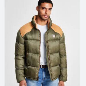 NWT $225 GUESS Men's Larry Fabric Block Puffer Jacket In Olive Morning Multi M